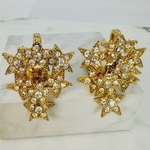 Vintage 80s Star Cluster Earrings Clip On Crystal Disco Glam Articulated Dangle